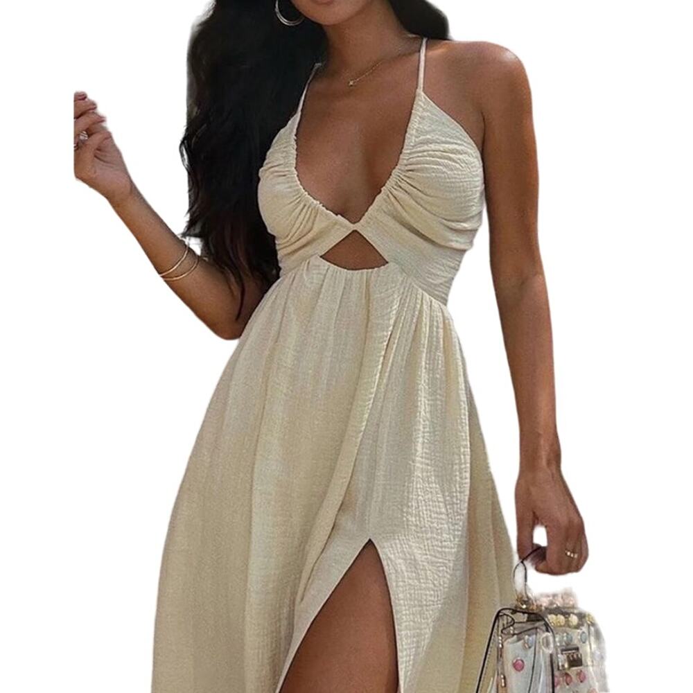 Micas Women's Small Wheat Tan Backless Sleeveless V-Neck Slit Midi Dress